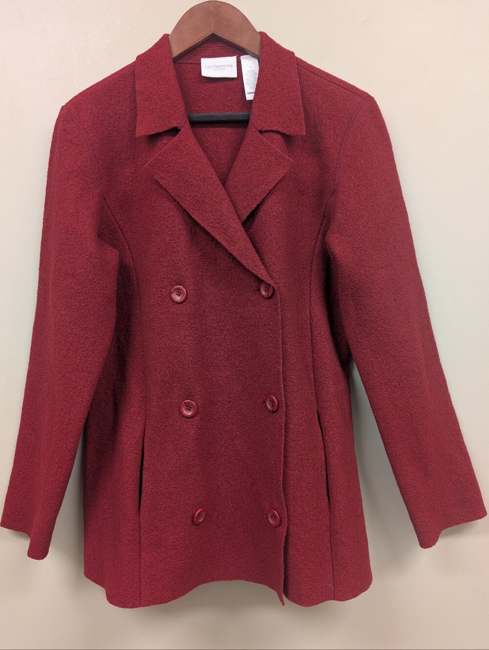 Liz Clairborne Vtg Liz Sport Dark Red Double Breasted Wool Blend Pea Coat Med